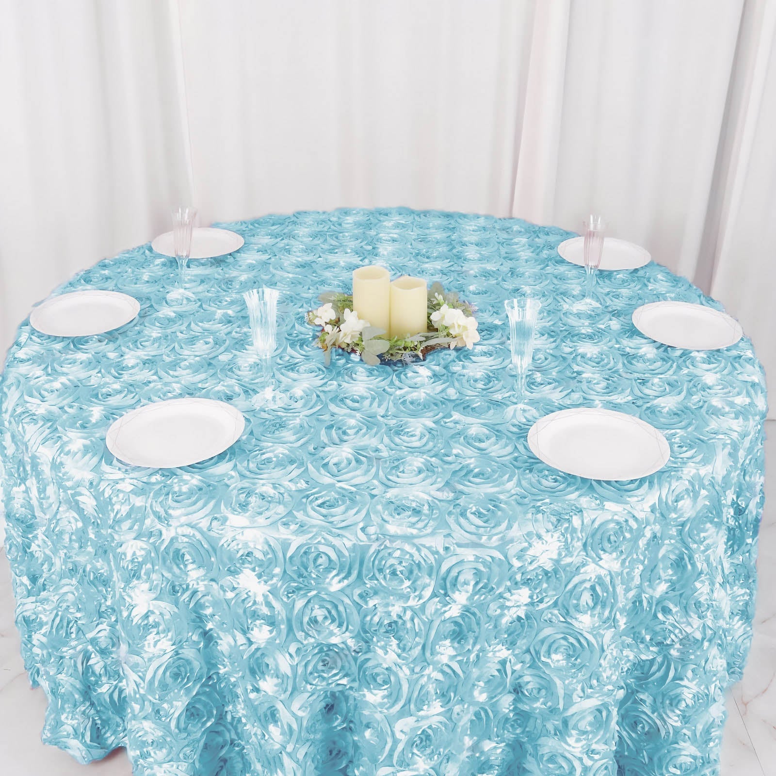 Satin 120" Round Tablecloth Light Blue - Grandiose 3D Rosette with Seamless Finish Table Cover