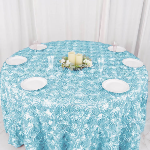 Satin 120" Round Tablecloth Light Blue - Grandiose 3D Rosette with Seamless Finish Table Cover