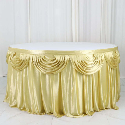 Satin 14ft Table Skirt Champagne - Pleated Double Drape Table Cover