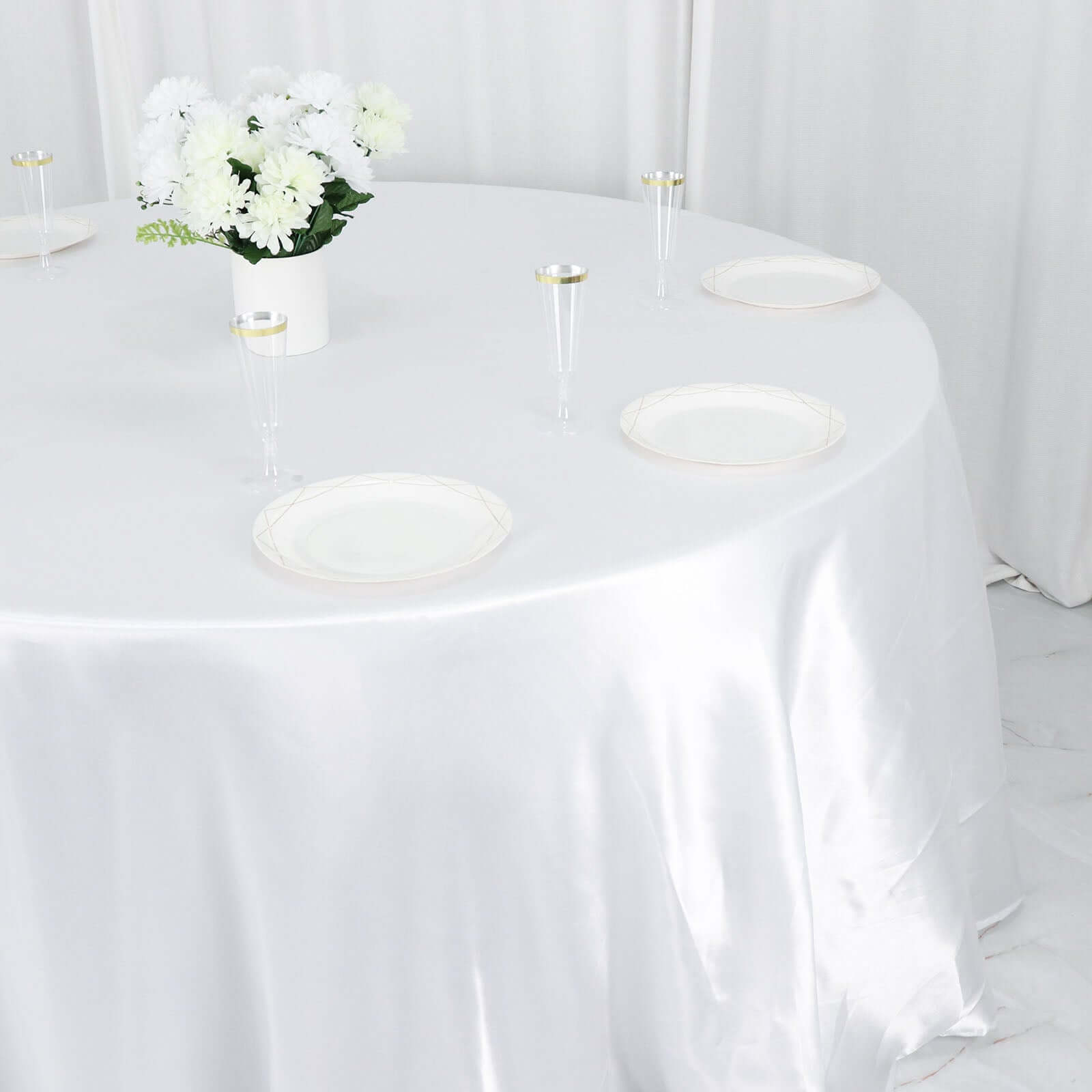 Satin 132" Round Tablecloth White - Stylish Seamless Table Cover for Weddings & Events