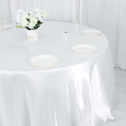 Satin 132" Round Tablecloth White - Stylish Seamless Table Cover for Weddings & Events