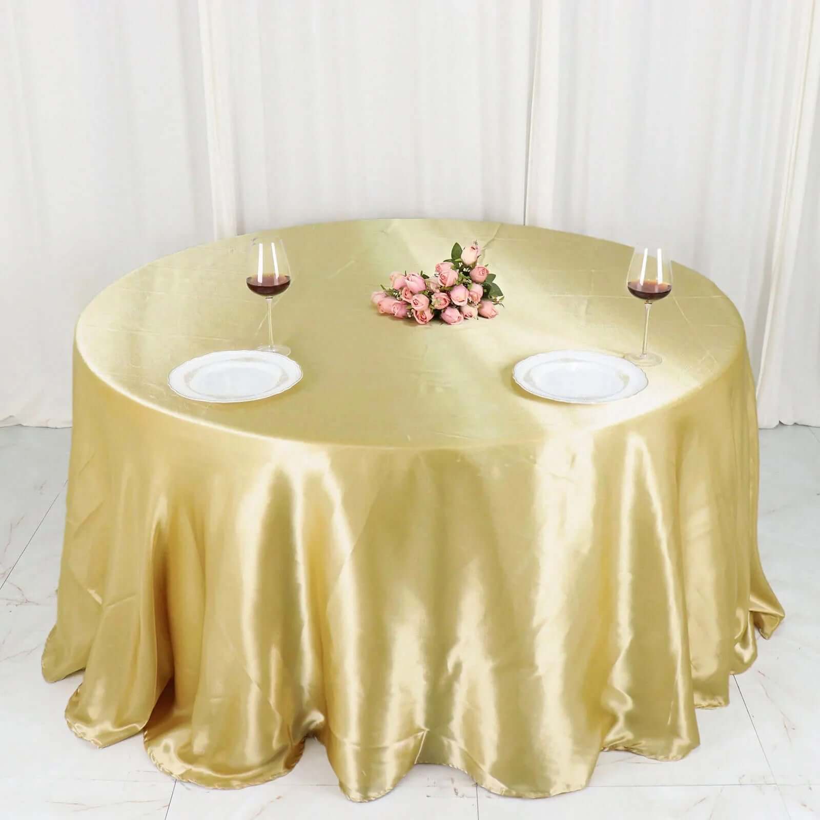 Satin 132" Round Tablecloth Champagne - Stylish Seamless Table Cover
