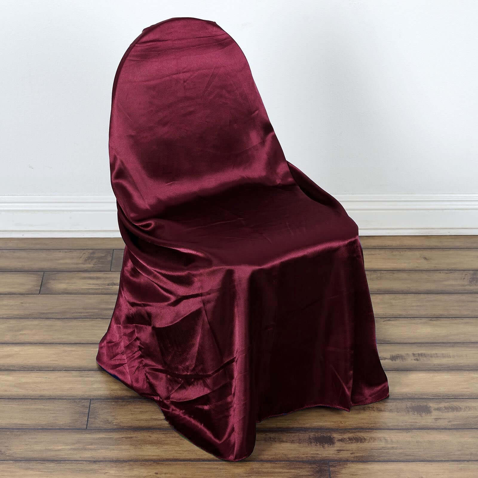 Satin Chair Cover Self-Tie Universal Design Burgundy - Durable Slip-On Cover for Folding, Dining, Banquet & Standard Chairs