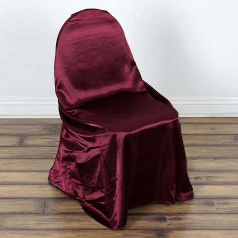 Satin Chair Cover Self-Tie Universal Design Burgundy - Durable Slip-On Cover for Folding, Dining, Banquet & Standard Chairs