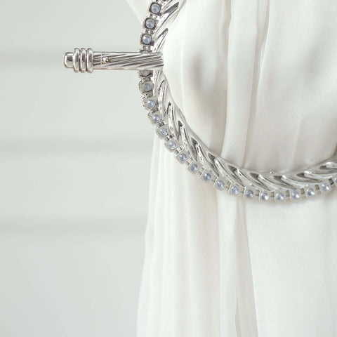 Set of 2 6" Silver Acrylic Braided Barrette Style Curtain Tie Backs With Crystal Diamond Studded Edge, Round Backdrop Drapery Brooch Holdbacks