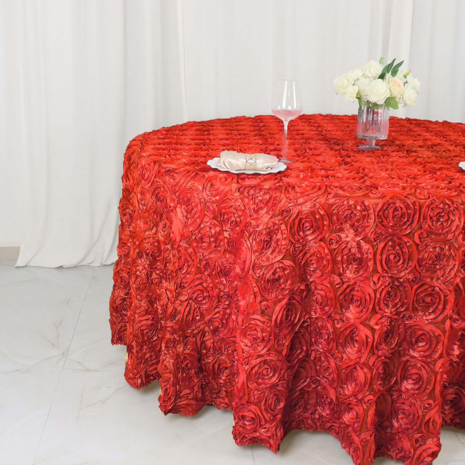 Satin 120" Round Tablecloth Red - Grandiose 3D Rosette with Seamless Finish Table Cover