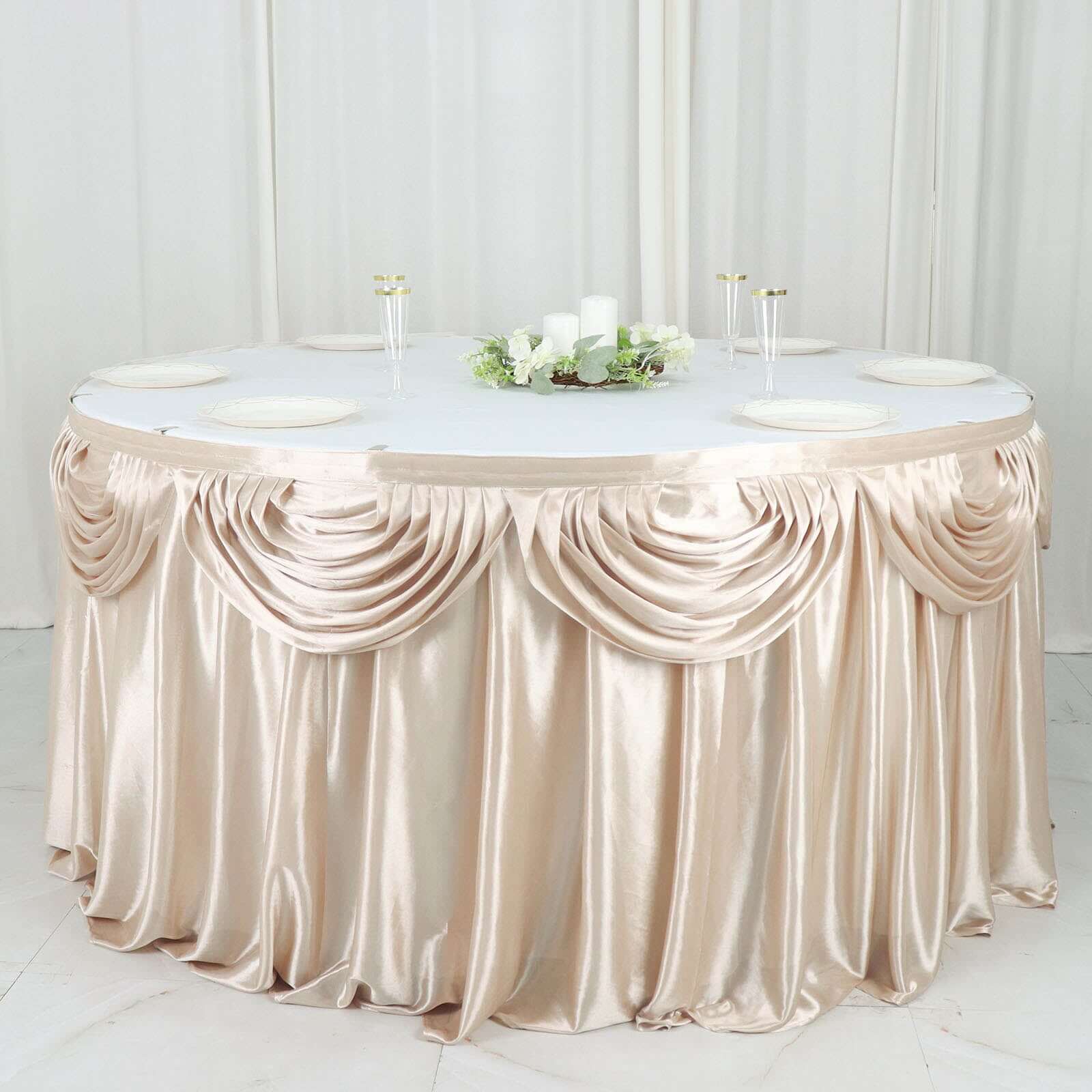 Satin 14ft Table Skirt Beige - Pleated Double Drape Table Cover