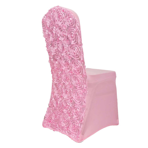 Satin Rosette Chair Cover for Banquet Chairs Pink - Stretch Fitted Slip-On Slipcover