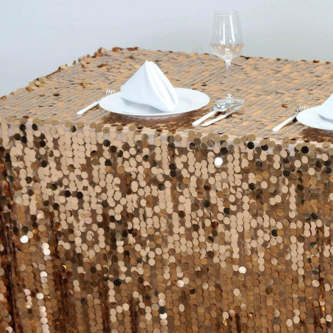 Sequin 90"x132" Rectangle Tablecloth Gold - Seamless Big Payette Design for Sophisticated Occasions