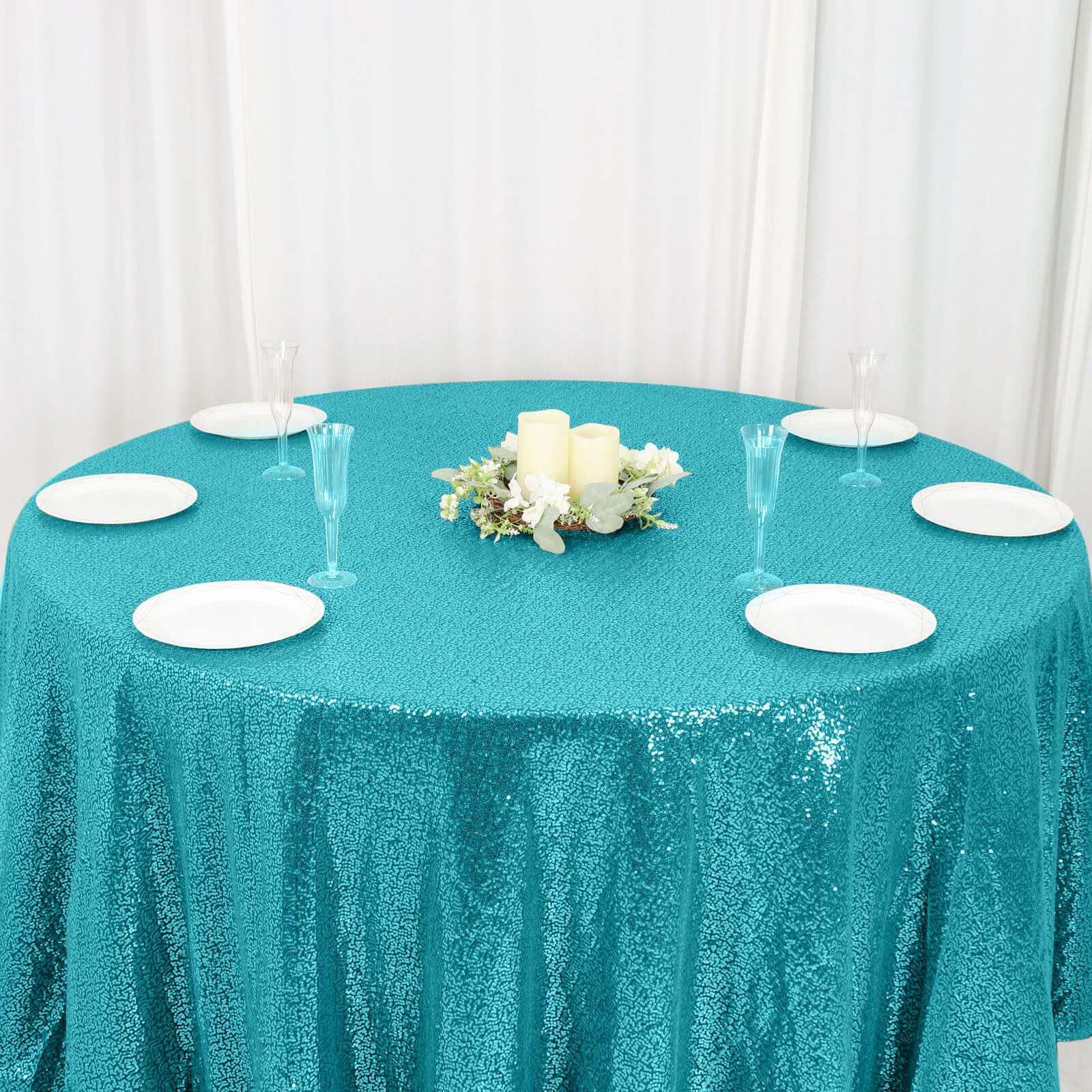 Sequin 120" Round Tablecloth Turquoise - Seamless Glittering Table Cover