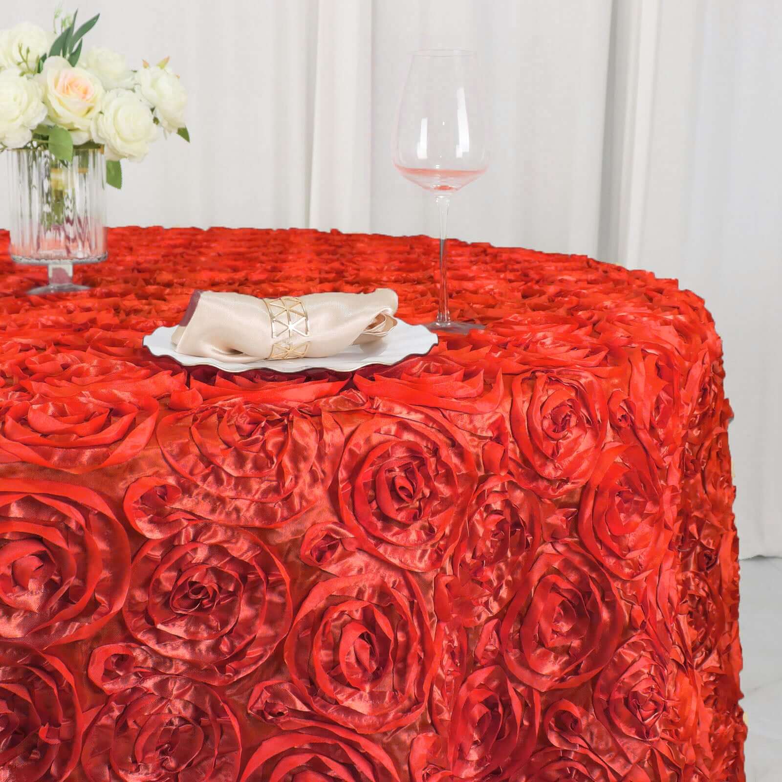 Satin 120" Round Tablecloth Red - Grandiose 3D Rosette with Seamless Finish Table Cover