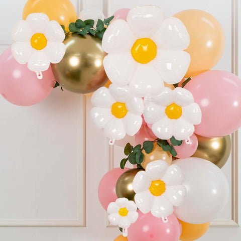 Set of 10 White Daisy Flower-Shaped Mylar Foil Balloons, Assorted Floral Balloon Party Decorations with Balloon Dots - 10", 19", 27"