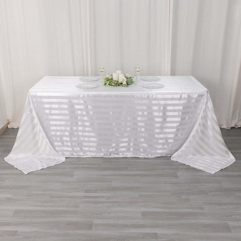 Satin Striped 90"x132" Rectangular Tablecloth White - Seamless Silky Smooth Wedding Decor