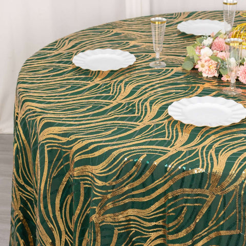 Sequin Mesh 120" Round Tablecloth Hunter Emerald Green/Gold - Seamless Wave Embroidered Table Cover