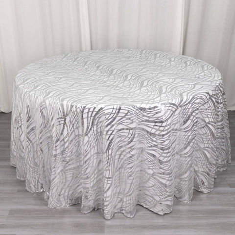 Sequin Mesh 120" Round Tablecloth Silver - Seamless Wave Embroidered Table Cover