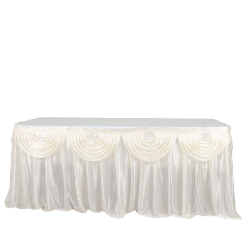 Satin 14ft Table Skirt Ivory - Pleated Double Drape Table Cover