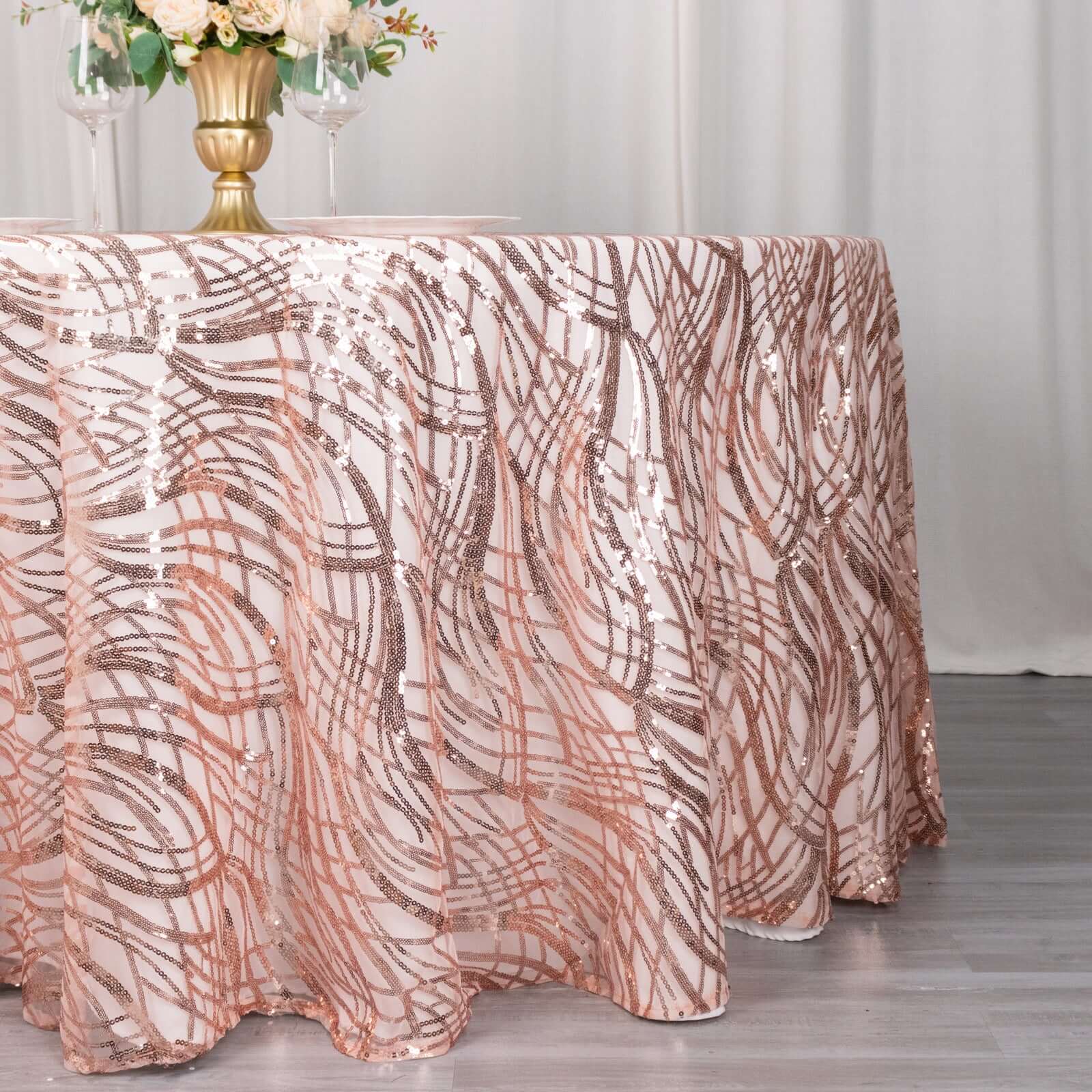 Sequin Mesh 120" Round Tablecloth Rose Gold - Seamless Wave Embroidered Table Cover