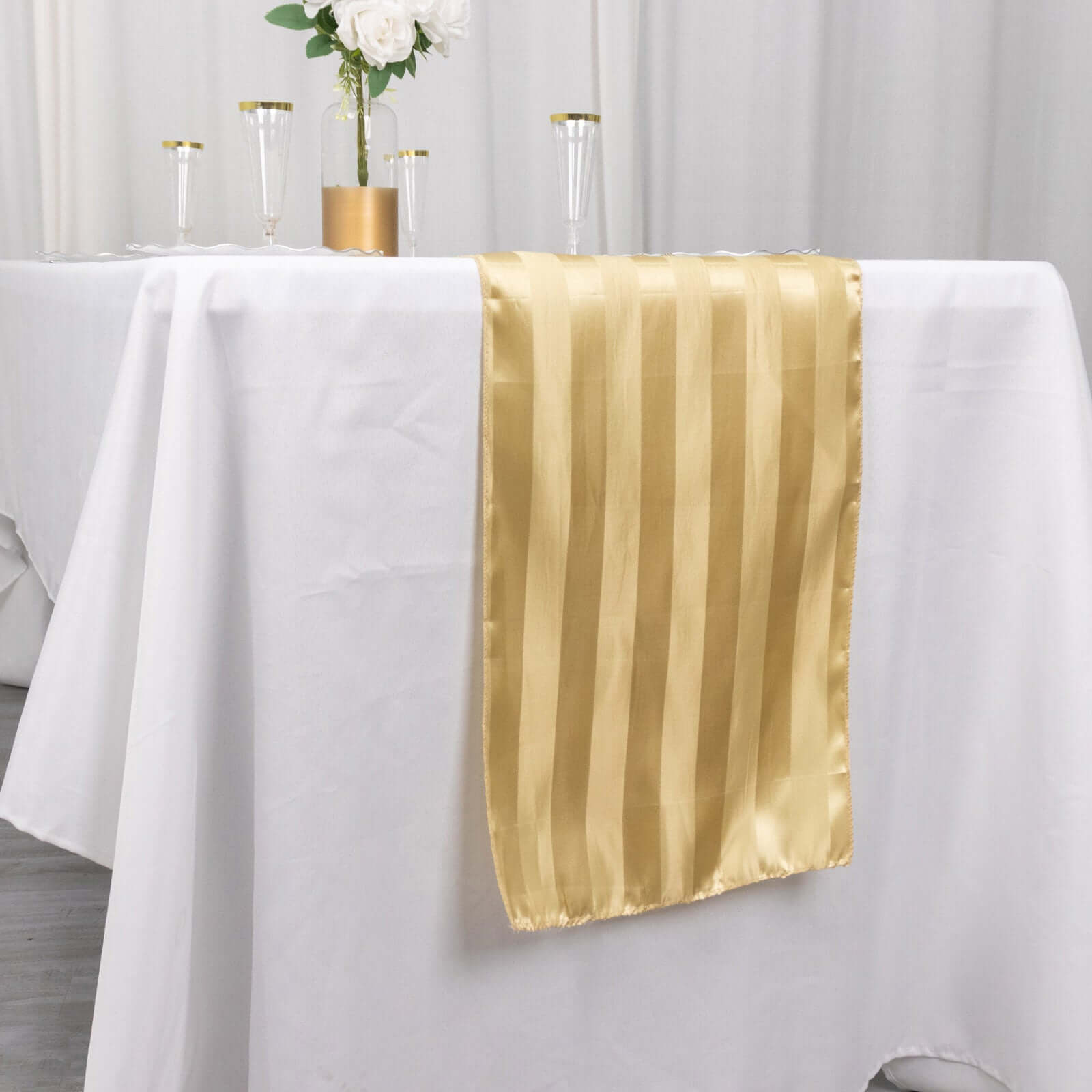 Satin 12"x108" Table Runner Champagne - Stripe Table Decor