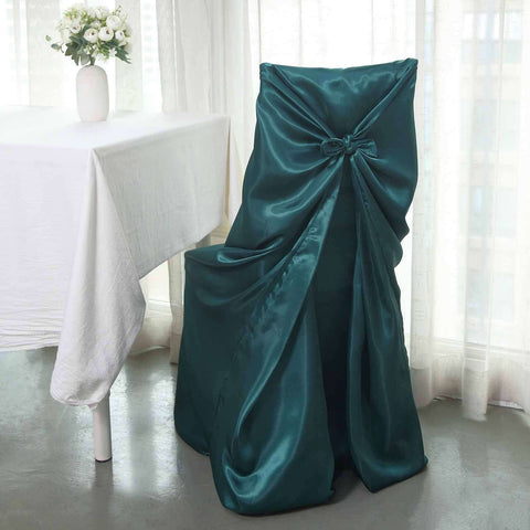 Satin Chair Cover Self-Tie Universal Design Peacock Teal - Durable Slip-On Cover for Folding, Dining, Banquet & Standard Chairs