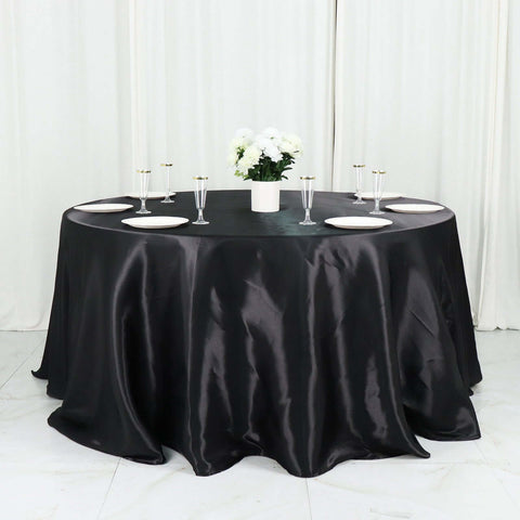 Satin 132" Round Tablecloth Black - Stylish Seamless Table Cover for Weddings & Events
