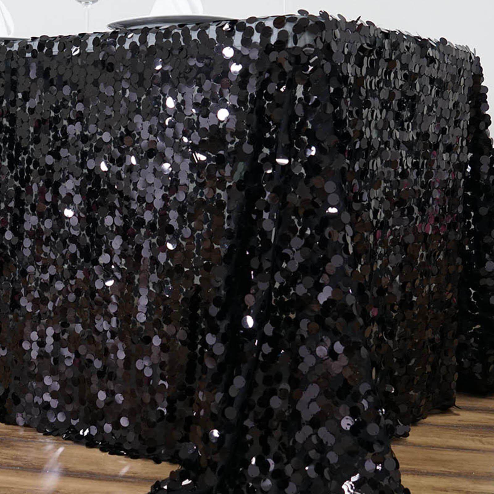 Sequin 90"x132" Rectangle Tablecloth Black - Seamless Big Payette Design for Sophisticated Occasions