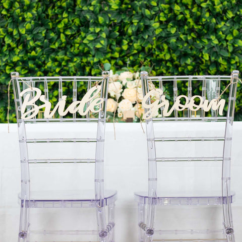 Set of 2 Bride and Groom Chair Signs Natural Wood - Charming Calligraphy Wall Hanging Wedding Decor & Props 12"x5"