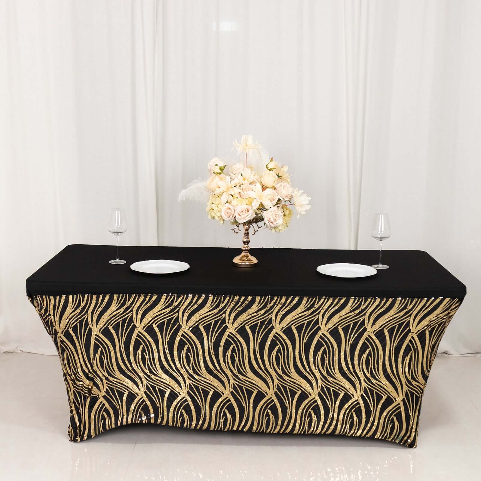 Sequin Stretch Spandex 72"x30" Rectangle Tablecloth Black/Gold Wave Embroidered Design Four-Way Stretch Shimmering Table Cover for Luxe Event Decor