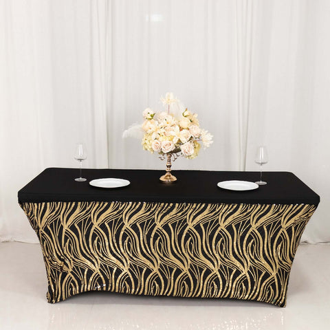 Sequin Stretch Spandex 72"x30" Rectangle Tablecloth Black/Gold Wave Embroidered Design Four-Way Stretch Shimmering Table Cover for Luxe Event Decor