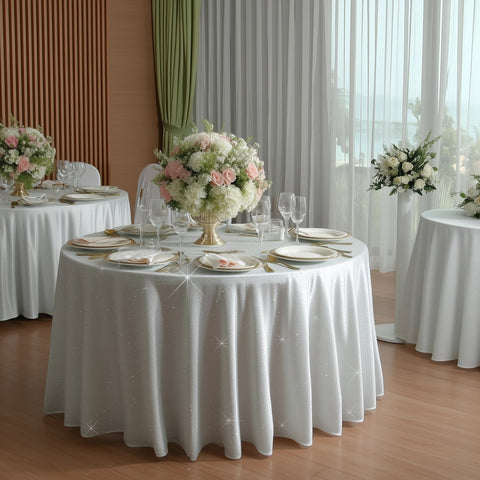 Scuba Round Tablecloth 120″ White with Rhinestone Accents – Seamless, Wrinkle-Free, Stain-Resistant Event Linen