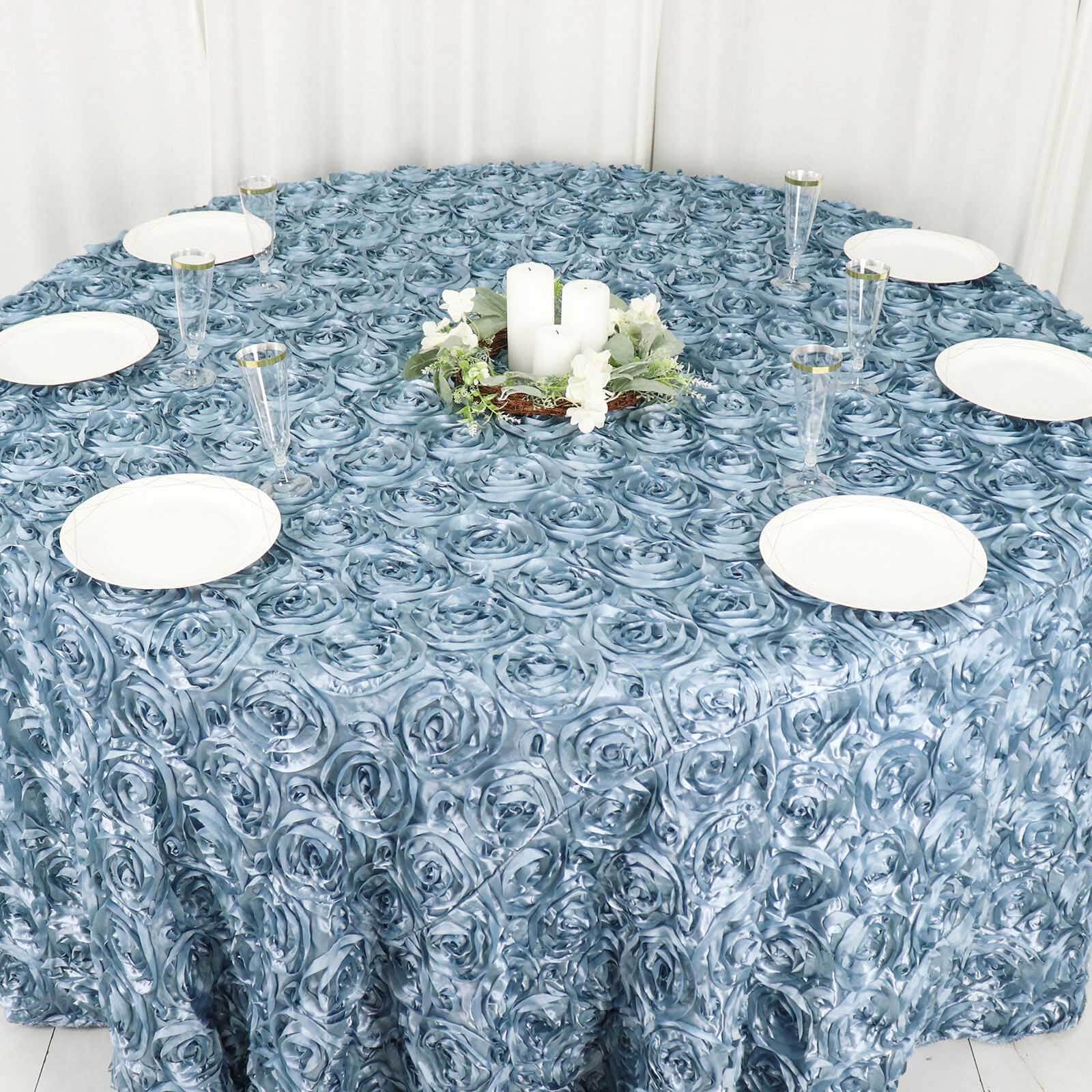 Satin 120" Round Tablecloth Dusty Blue - Grandiose 3D Rosette with Seamless Finish Table Cover