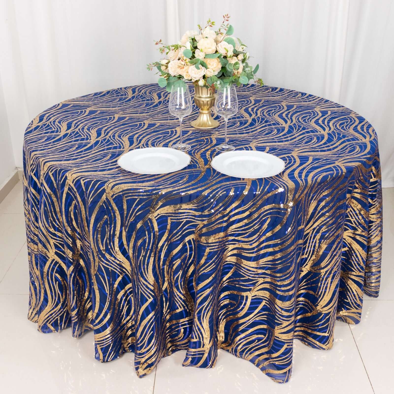 Sequin Mesh 120" Round Tablecloth Royal Blue/Gold - Seamless Wave Embroidered Table Cover