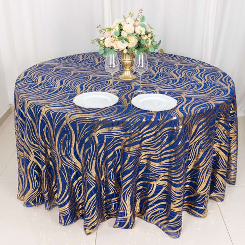 Sequin Mesh 120" Round Tablecloth Royal Blue/Gold - Seamless Wave Embroidered Table Cover