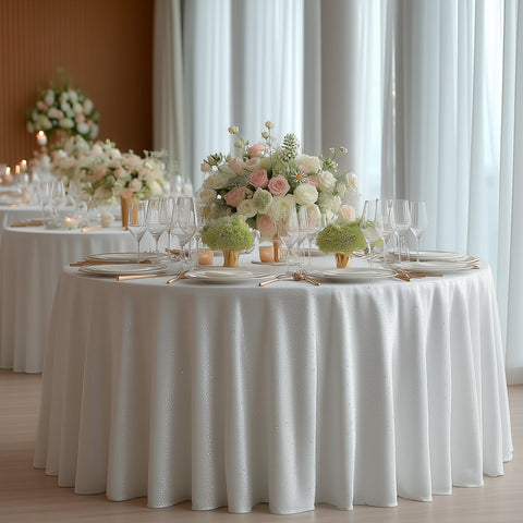 Scuba Round Tablecloth 132″ White with Rhinestone Accents – Seamless, Wrinkle-Free, Stain-Resistant Event Linen