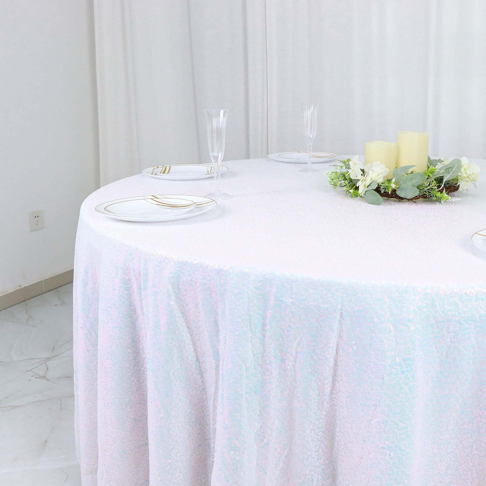 Sequin 120" Round Tablecloth Iridescent Blue - Seamless Glittering Table Cover