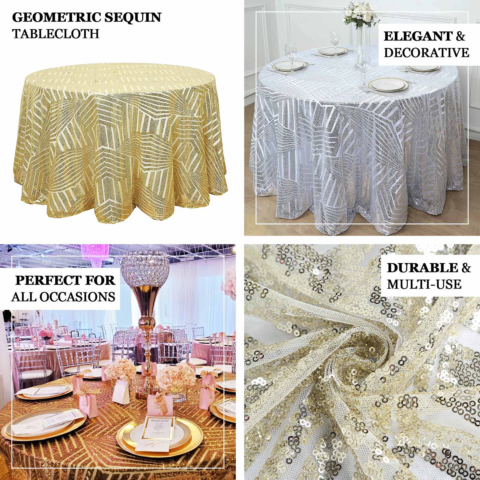 Sequin 120" Round Tablecloth Gold - Seamless Diamond Glitz Design for Glamorous Gatherings