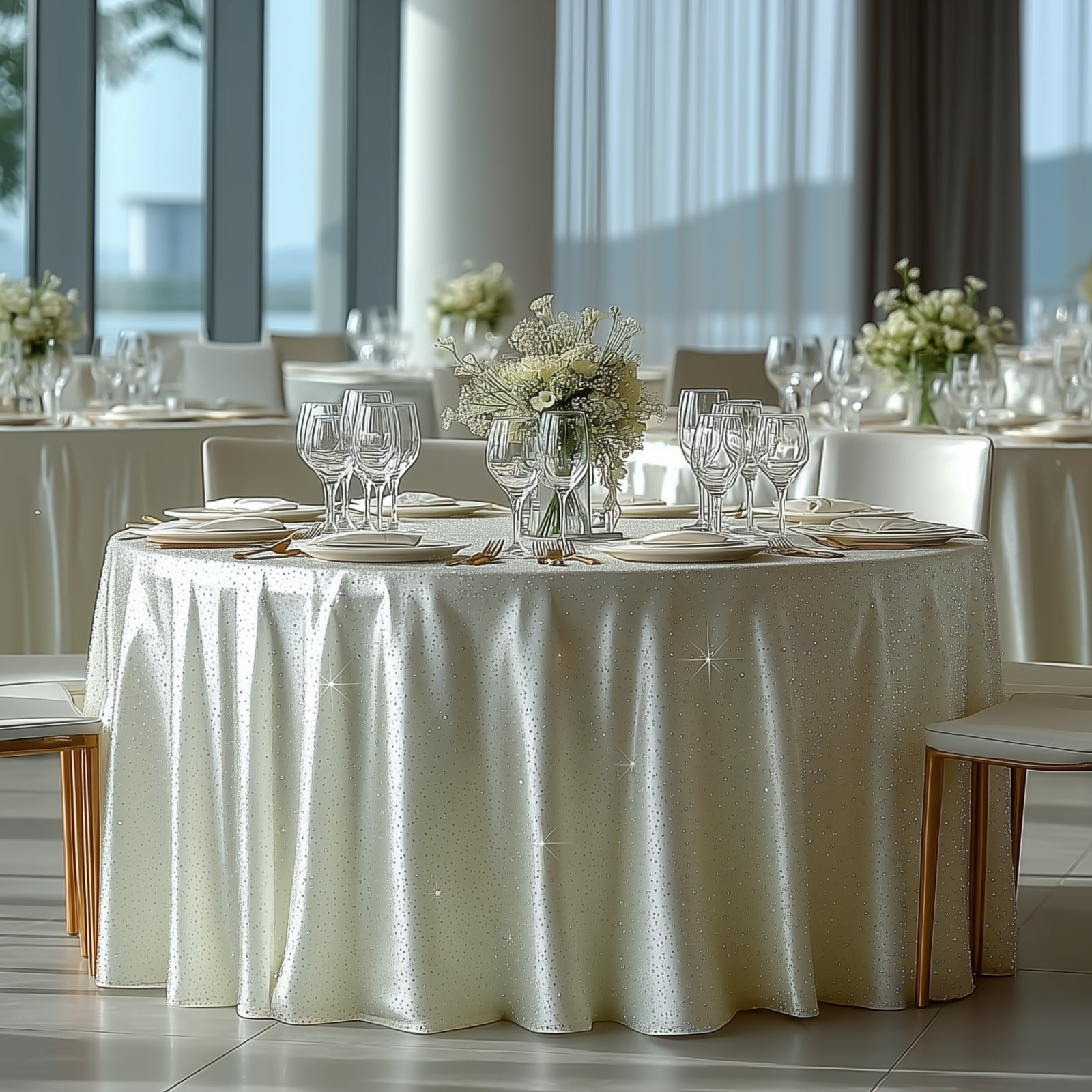 Scuba Round Tablecloth 120″ Pearl White with Rhinestone Accents – Seamless, Wrinkle-Free, Stain-Resistant Event Linen