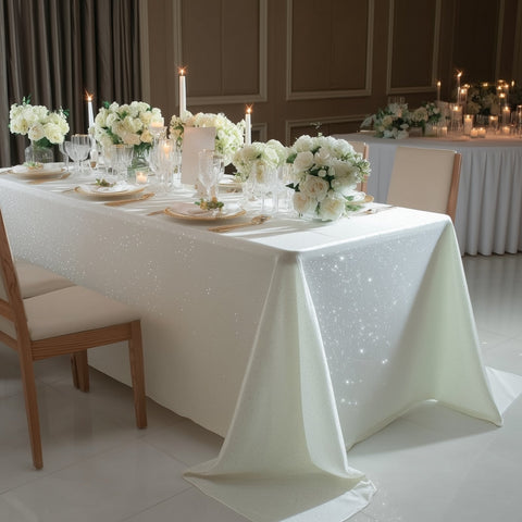 Scuba Rectangular Tablecloth 90"×132" Pearl White with Rhinestone Accents – Seamless, Wrinkle-Free, Stain-Resistant Event Linen