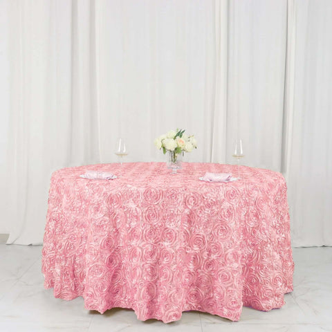 Satin 120" Round Tablecloth Pink - Grandiose 3D Rosette with Seamless Finish Table Cover