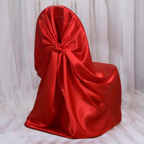 Satin Chair Cover Self-Tie Universal Design Red - Durable Slip-On Cover for Folding, Dining, Banquet & Standard Chairs