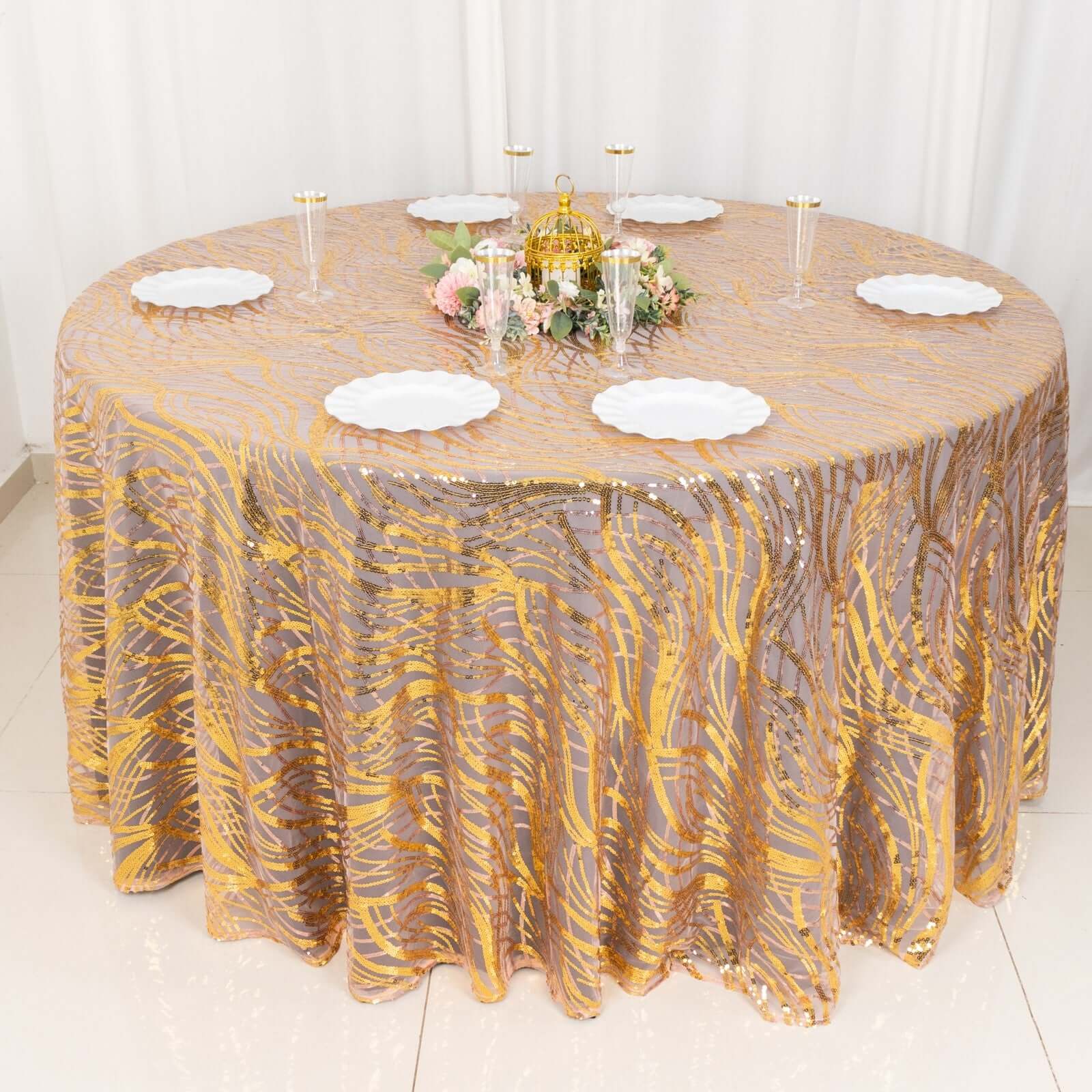 Sequin Mesh 120" Round Tablecloth Rose Gold/Gold - Seamless Wave Embroidered Table Cover