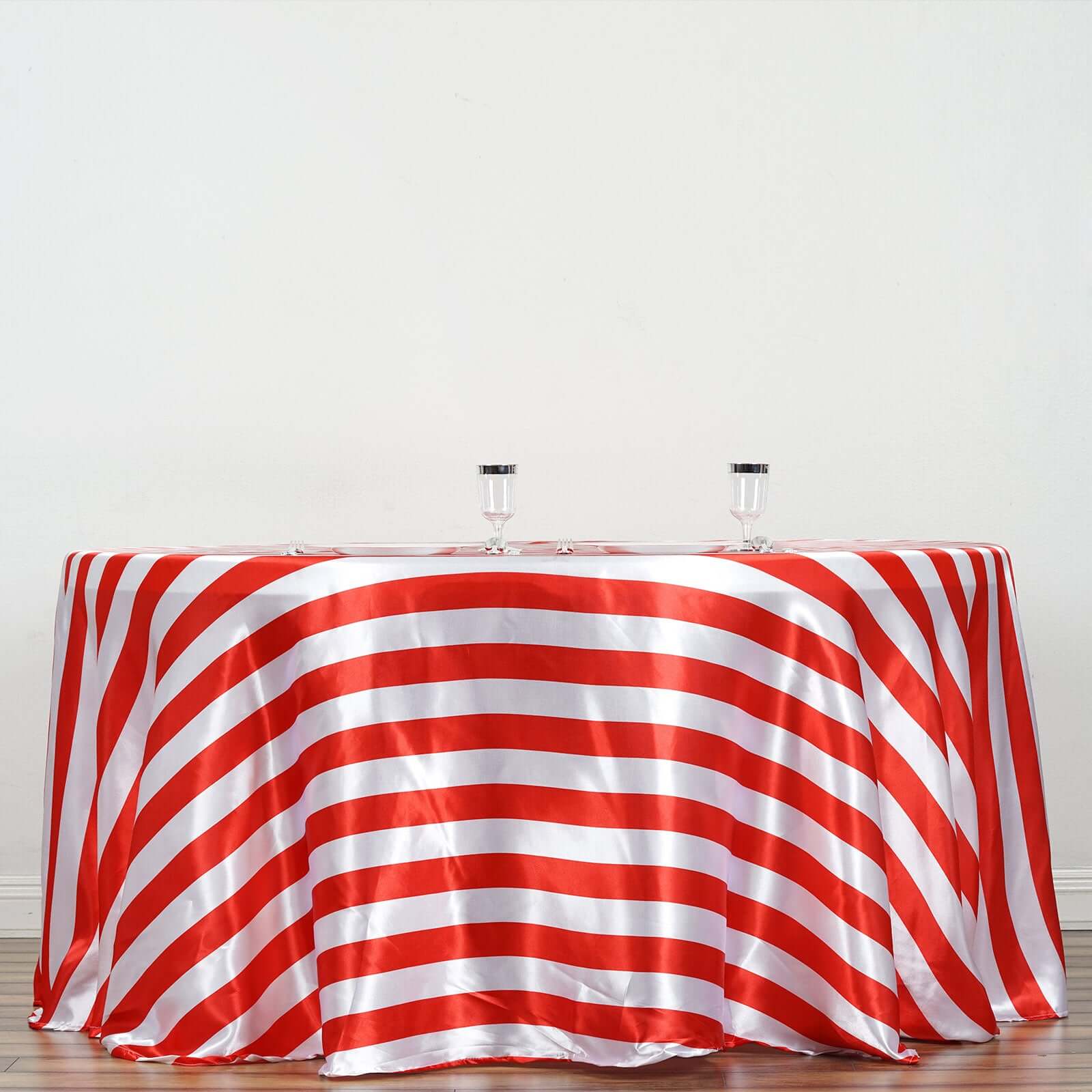 Satin 120" Round Tablecloth Red/White - Stripe Design with Seamless Silky Smooth Finish Table Cover