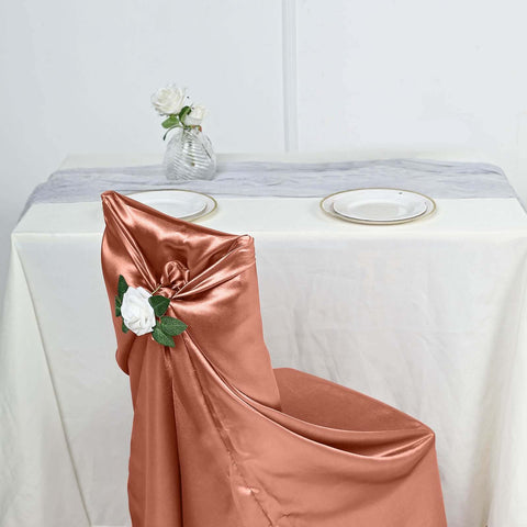 Satin Chair Cover Self-Tie Universal Design Terracotta (Rust) - Durable Slip-On Cover for Folding, Dining, Banquet & Standard Chairs