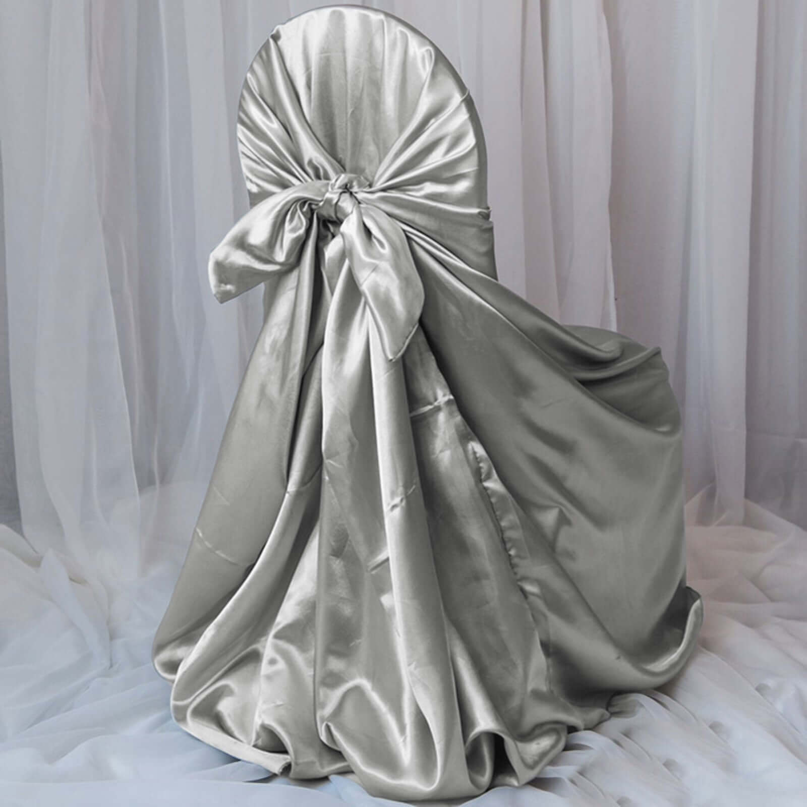 Satin Chair Cover Self-Tie Universal Design Silver - Durable Slip-On Cover for Folding, Dining, Banquet & Standard Chairs