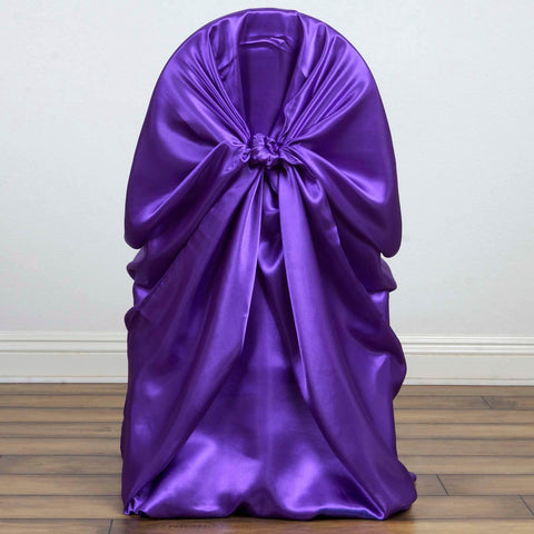 Satin Chair Cover Self-Tie Universal Design Purple - Durable Slip-On Cover for Folding, Dining, Banquet & Standard Chairs