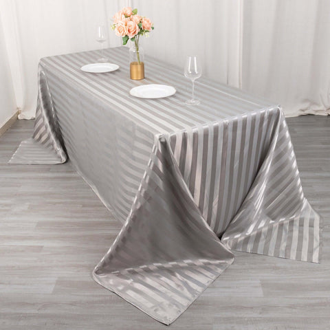 Satin Striped 90"x132" Rectangular Tablecloth Silver - Seamless Silky Smooth Table Cover