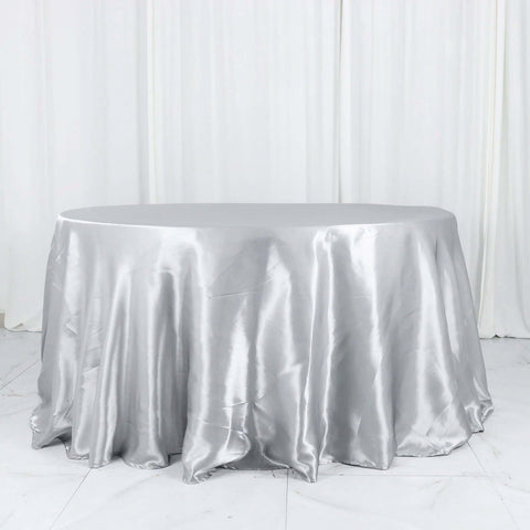 Satin 132" Round Tablecloth Silver - Stylish Seamless Table Cover