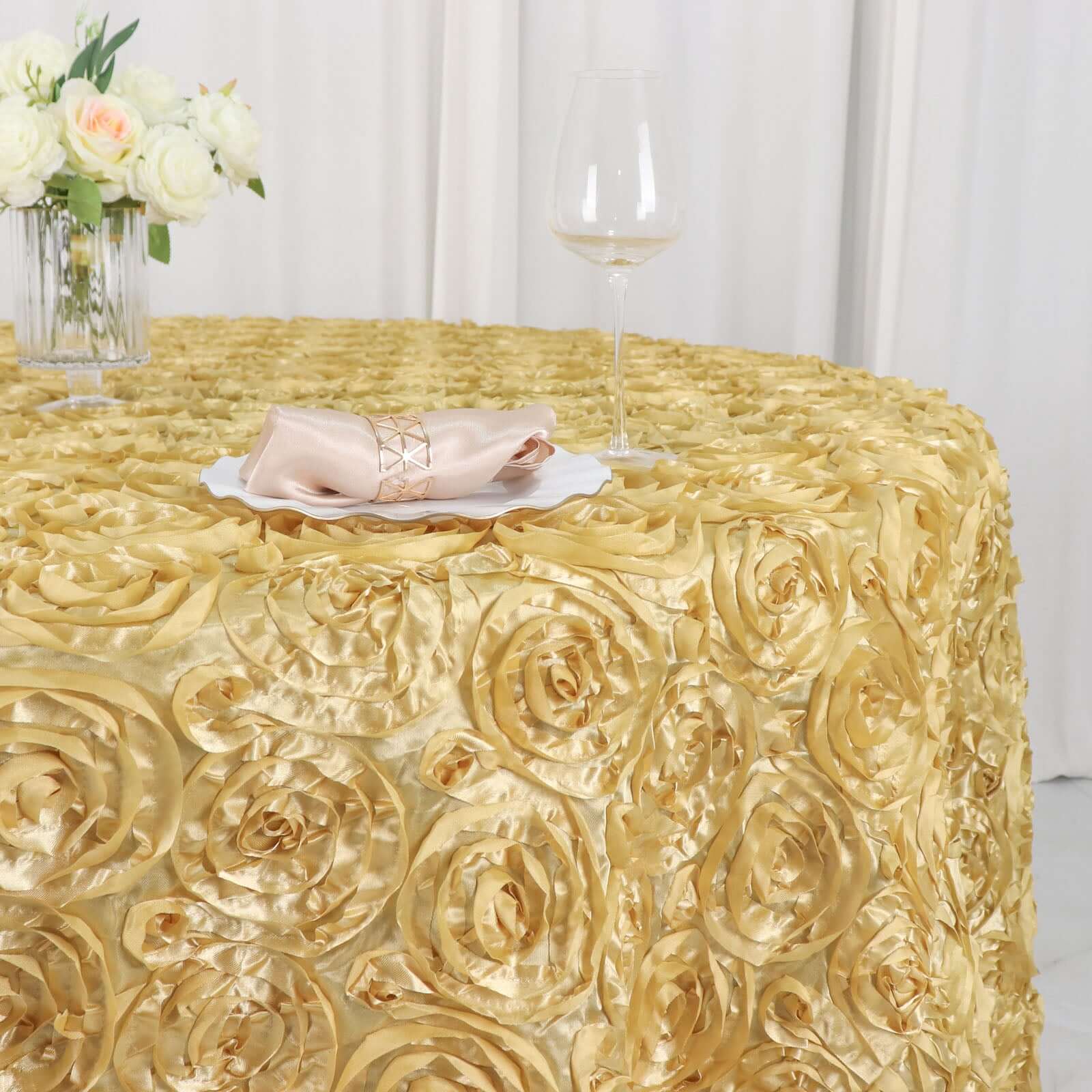Satin 120" Round Tablecloth Champagne - Grandiose 3D Rosette with Seamless Finish Table Cover