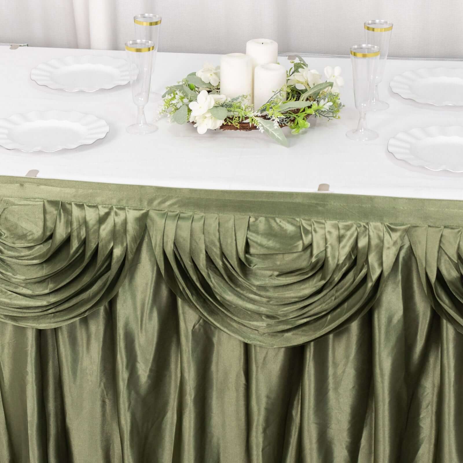 Satin 14ft Table Skirt Dusty Sage Green - Pleated Double Drape Table Cover