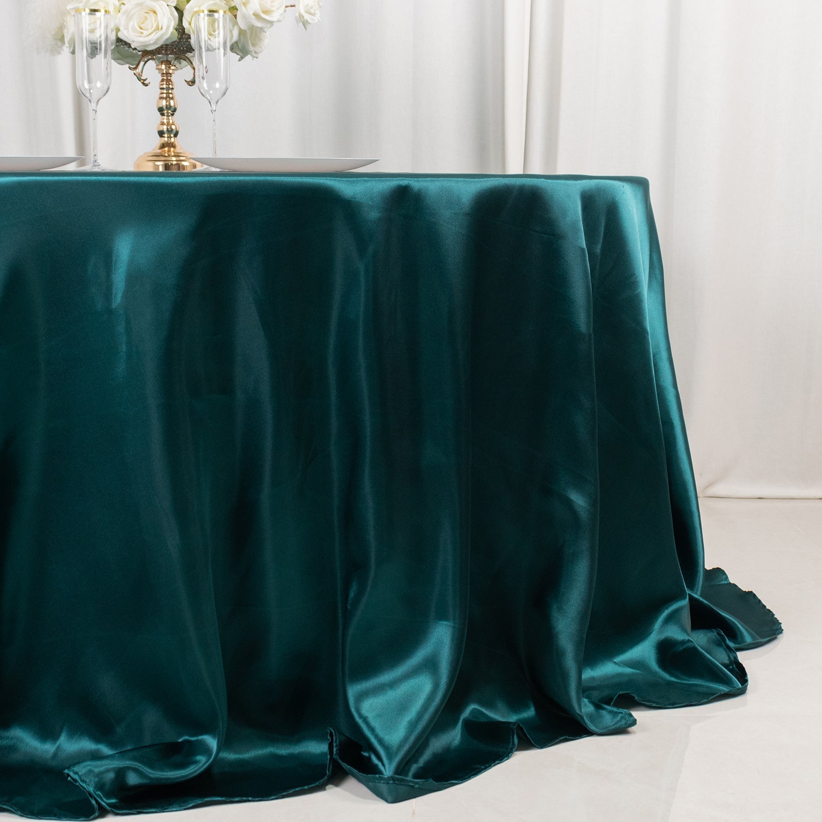Satin 132" Round Tablecloth Peacock Teal - Stylish Seamless Table Cover