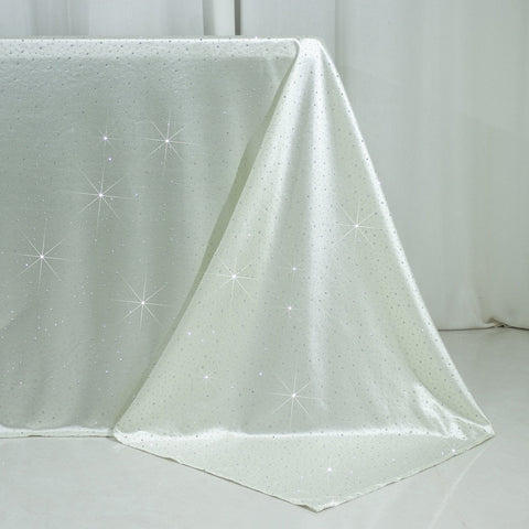 Scuba Rectangular Tablecloth 90"×156" Pearl White with Rhinestone Accents – Seamless, Wrinkle-Free, Stain-Resistant Event Linen
